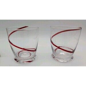 2 Vtg Hand Blown Red Swirl Whiskey Lowball Old Fashioned Glasses Swirline